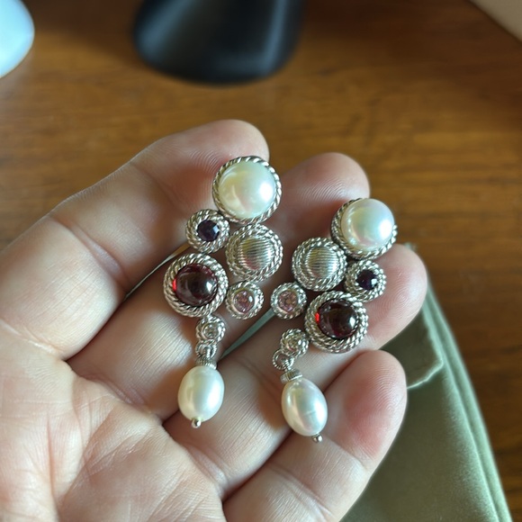 Judith Ripka marked silver genuine pearl, cz & gemstone pierced drop earrings - Picture 2 of 8